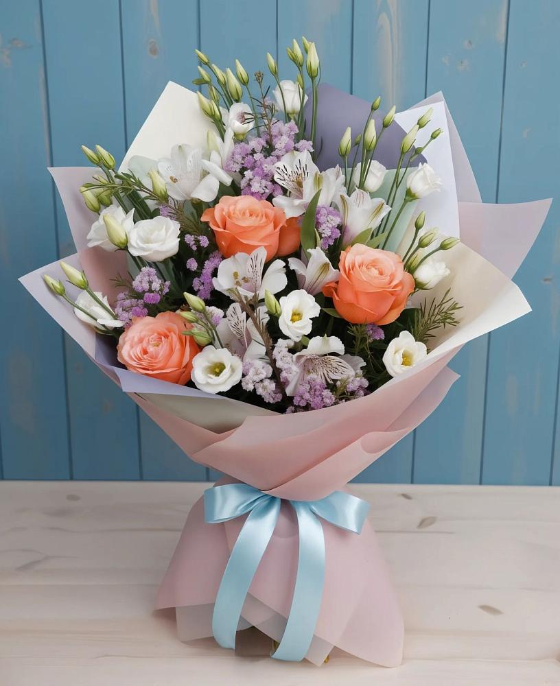 Букет цветов из: Лизиантусы, Розы, Альстромерии и Гипсофила в Арамиле
