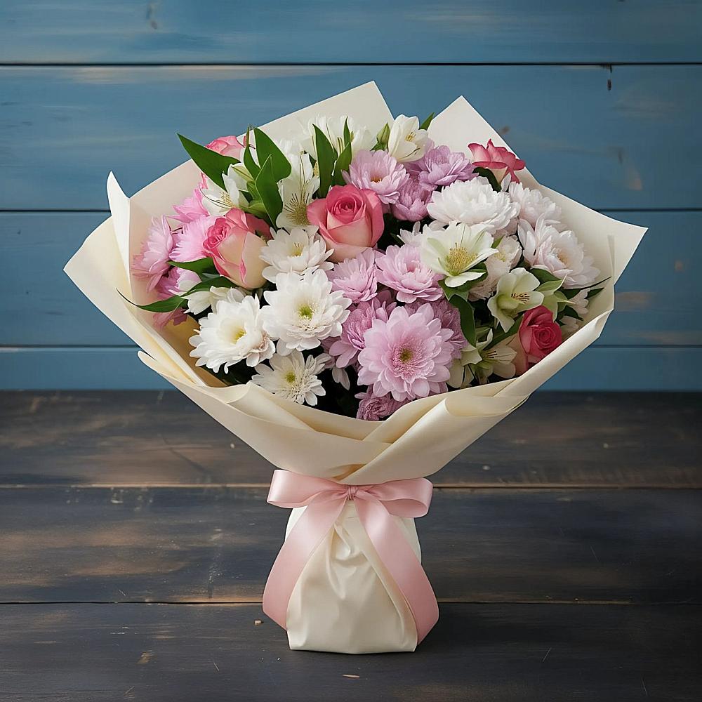 Букет цветов из: Хризантемы, Альстромерии и Розы в Арамиле